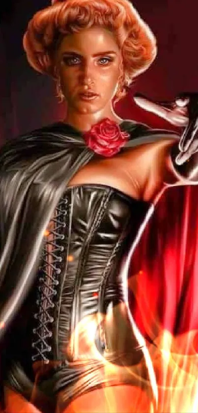 Gothic-inspired wallpaper of woman in dark attire with a rose.