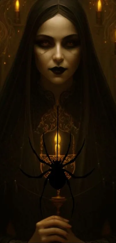 Gothic woman holding a candle with dark, mystical background.