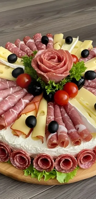 Antipasto cake with meats, cheeses, tomatoes, and olives beautifully arranged.