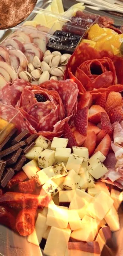 Inviting charcuterie board with meats, cheeses, fruits, and chocolate display.