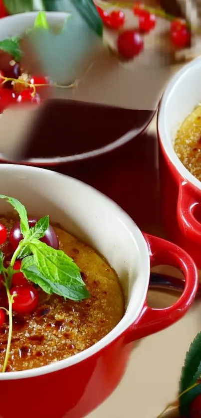 Gourmet creme brulee in red bowls with berries and mint leaves.