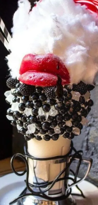 Whimsical dessert shake with cotton candy and berries.