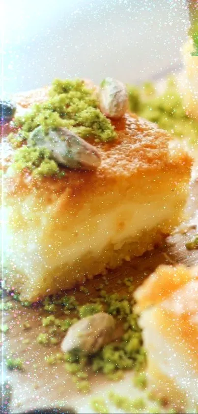 Close-up of pistachio dessert wallpaper with a sugary sparkle effect.