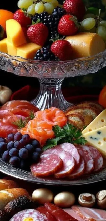 Vibrant gourmet platter with fruits, cheese, and meats in elegant display.