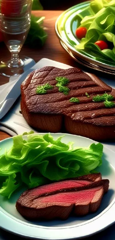 Sliced steak with fresh green salad on plates.
