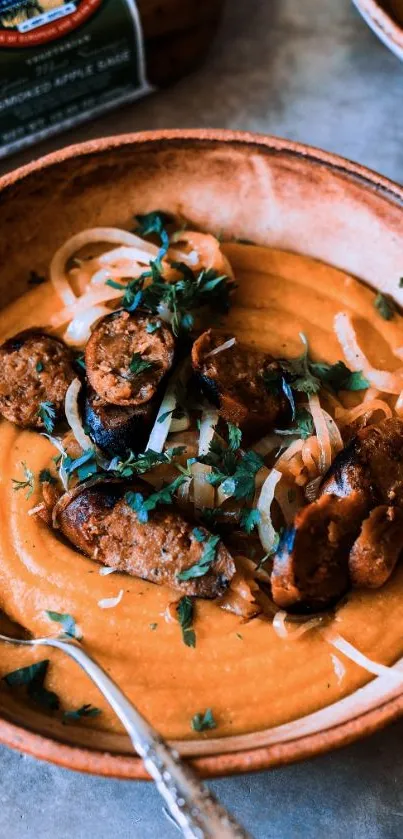 Vegan sausage bowl with herbs on ceramic dish.