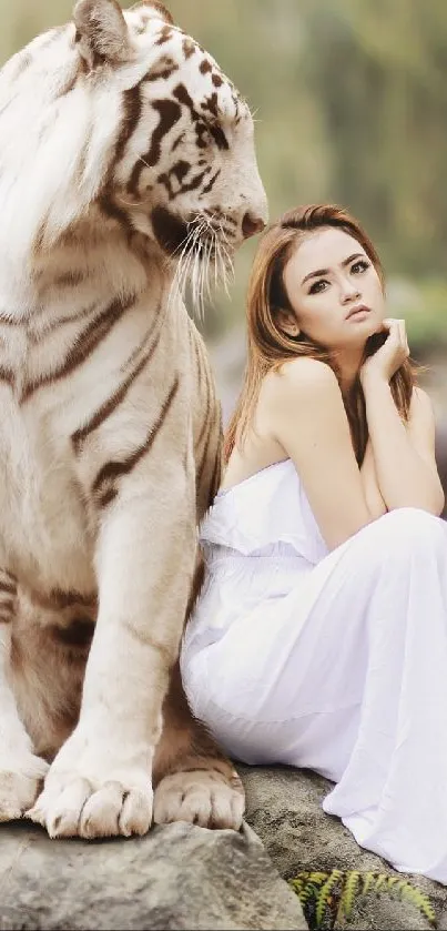 A graceful woman sits beside a majestic white tiger on rocky terrain.