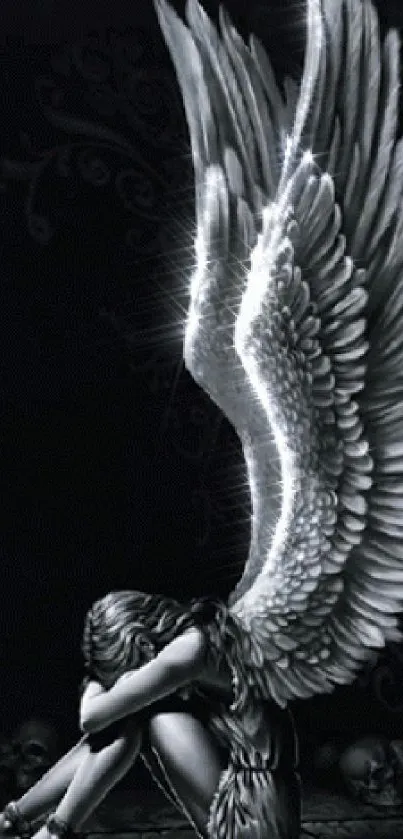 Monochrome angel with large detailed wings against a dark background.