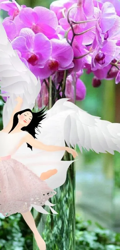 Graceful angel with pink dress and orchids background.