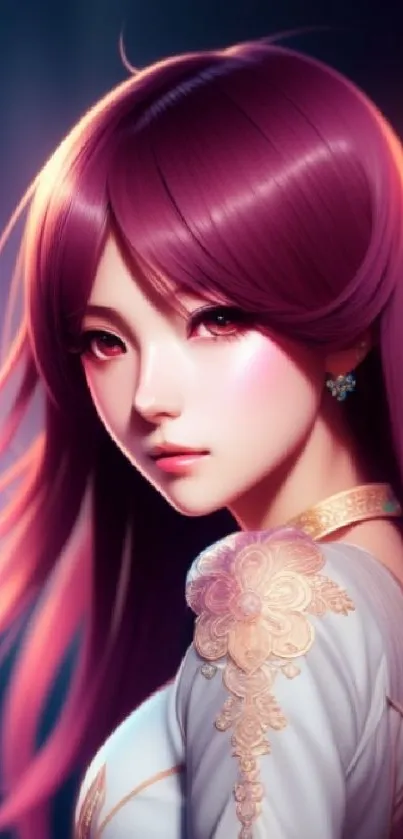 Anime girl with purple hair and ornate dress in a digital art style.