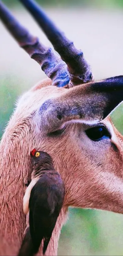 Antelope with bird on its back, serene wildlife scene.