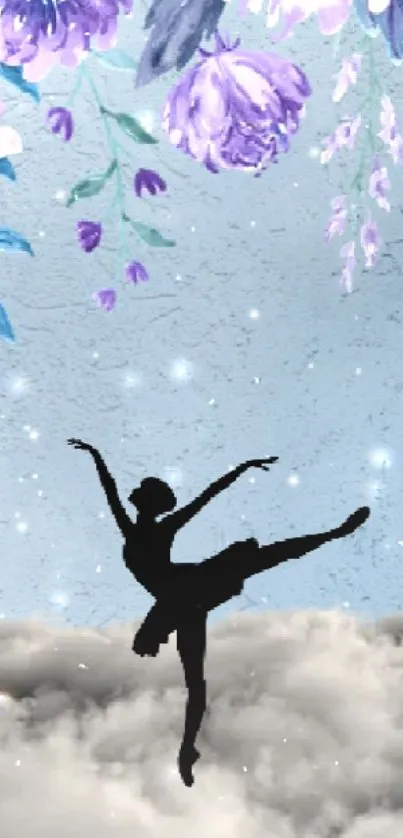 Ballerina silhouette with purple flowers and clouds background.