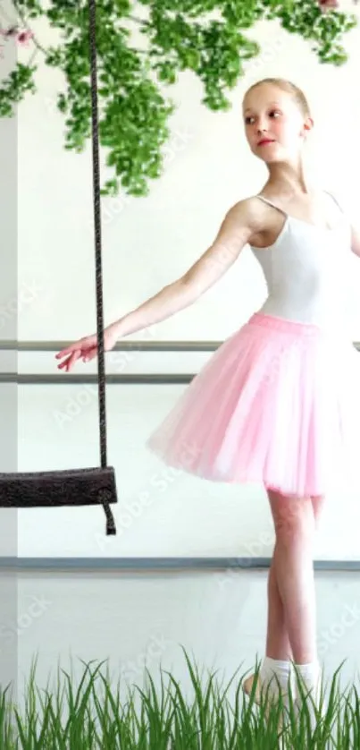 Young ballerina in pink tutu with swing and greenery.