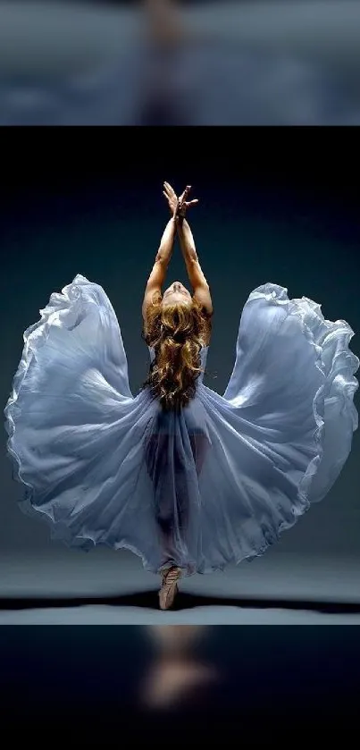 Graceful ballet dancer in motion on a dark elegant stage, wearing a flowing gown.