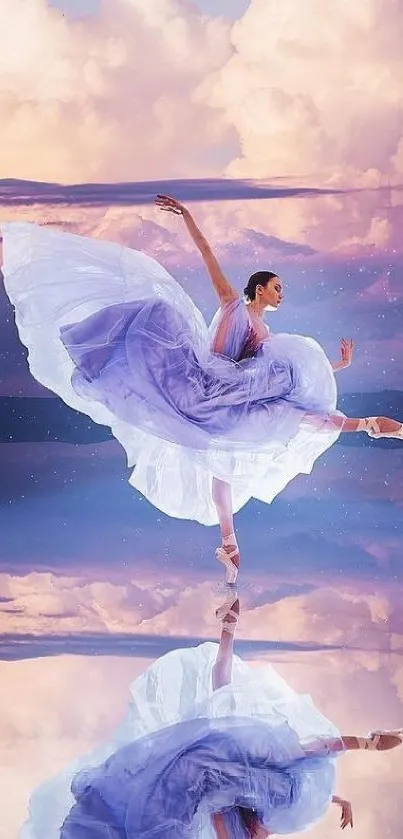 Ballet dancer gracefully poised with sky reflection.