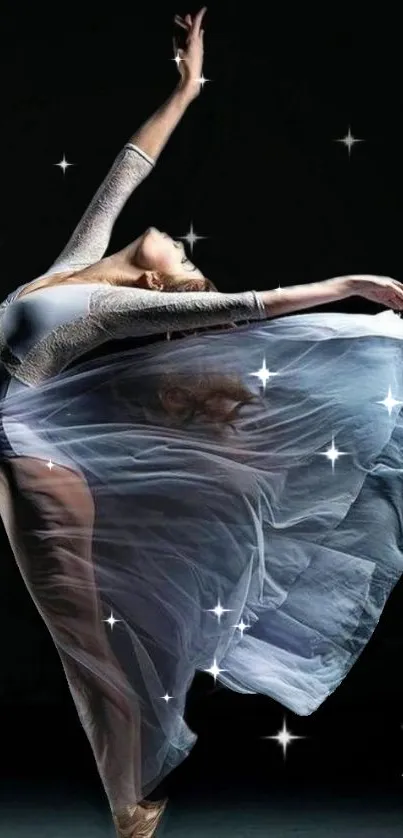 Graceful ballet dancer in motion with stars and dark background.