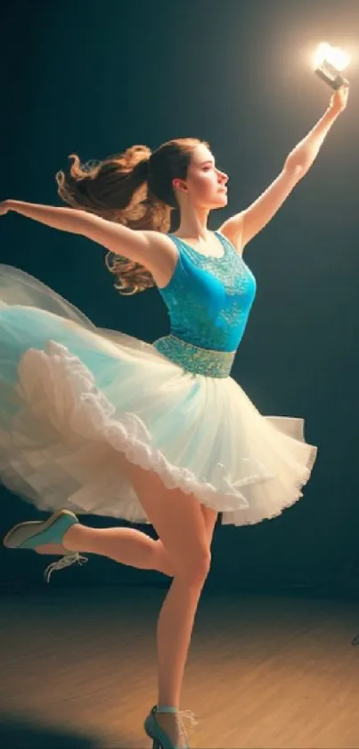 Ballet dancer performing under studio lights.