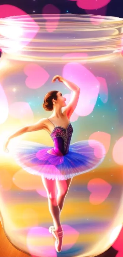 Ballerina in glowing jar with colorful lights.