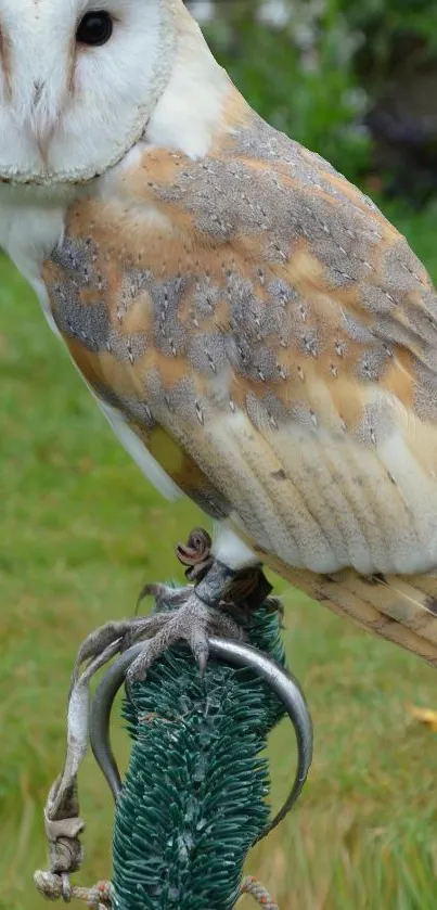 Barn owl perched with a blurred green background in a nature setting