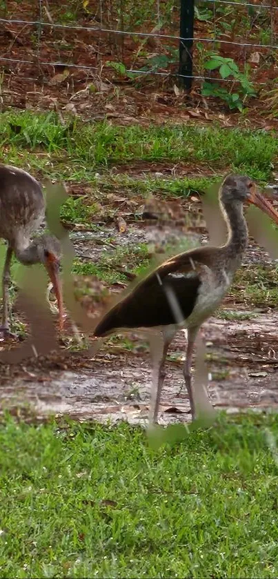 Two birds walking in a lush green natural setting.