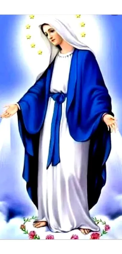 Serene figure in a flowing blue cloak with a peaceful aura.