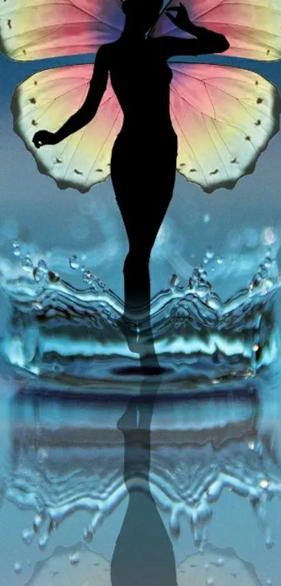 Silhouette with butterfly wings over water splash.