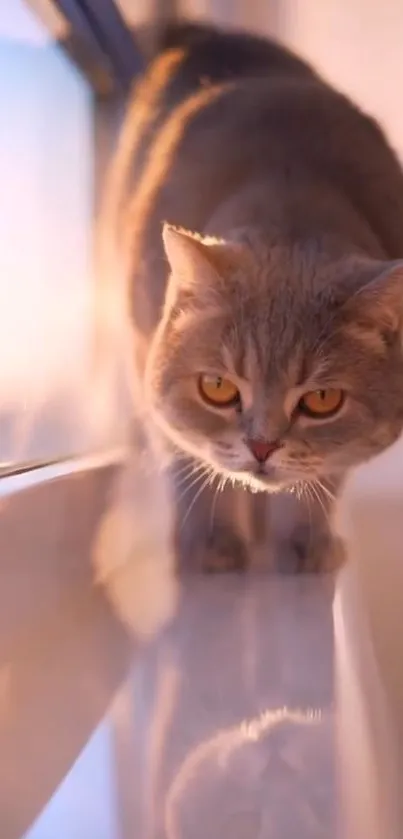 A graceful cat sits on a windowsill at sunset.