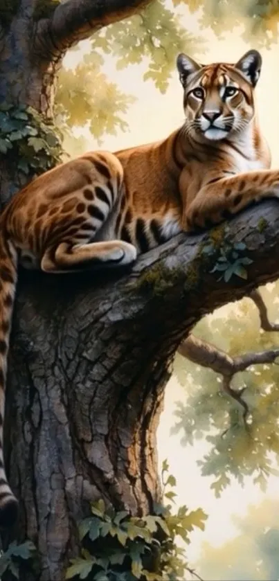 Cougar lounging on a tree in a natural setting.