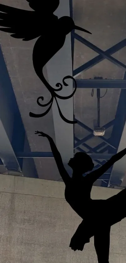 Silhouette of a dancer and bird under an urban bridge.