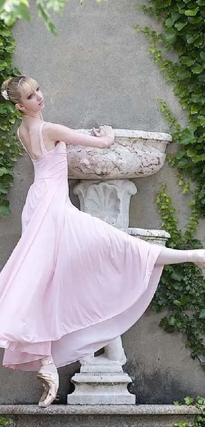 Ballerina in elegant pose with green vines in the background.