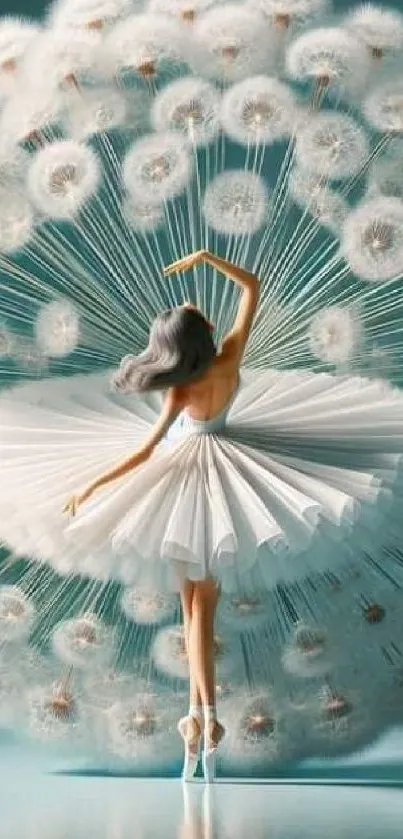 Ballerina twirls amidst dandelion art on wallpaper.