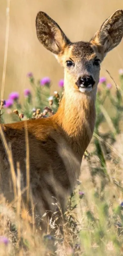 Deer in a sunlit meadow surrounded by wildflowers.