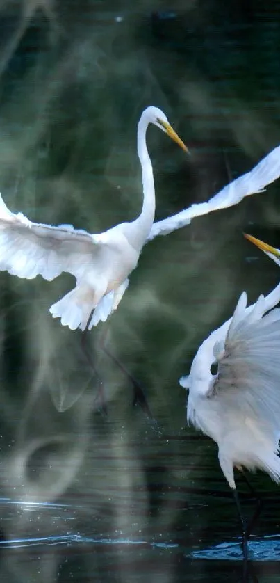 Two egrets gracefully flying over dark water.