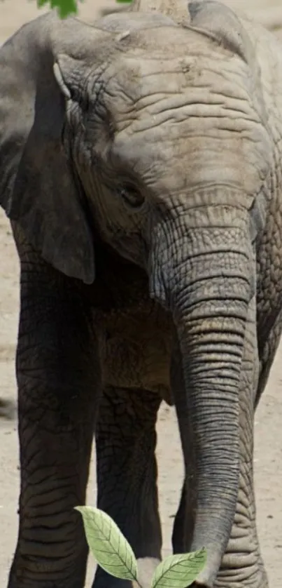 Close-up of an elephant with textured skin in a sandy environment.