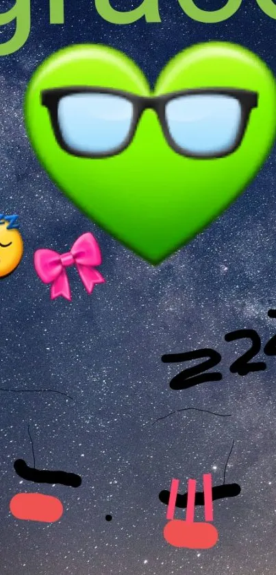 Galaxy wallpaper with emojis and green heart on dark blue background.