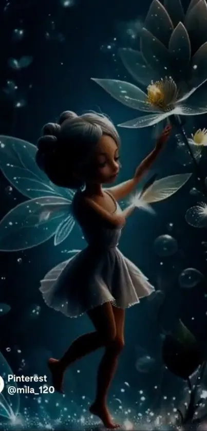 A serene fairy in a moonlit forest holding a flower.