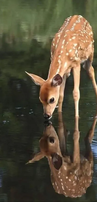 Fawn reflecting in a tranquil lake, serene nature wallpaper.