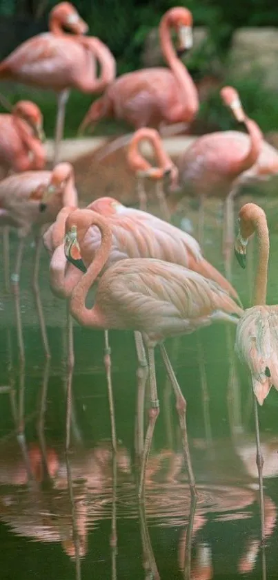 Elegant flamingos standing in calm water with pink reflections.