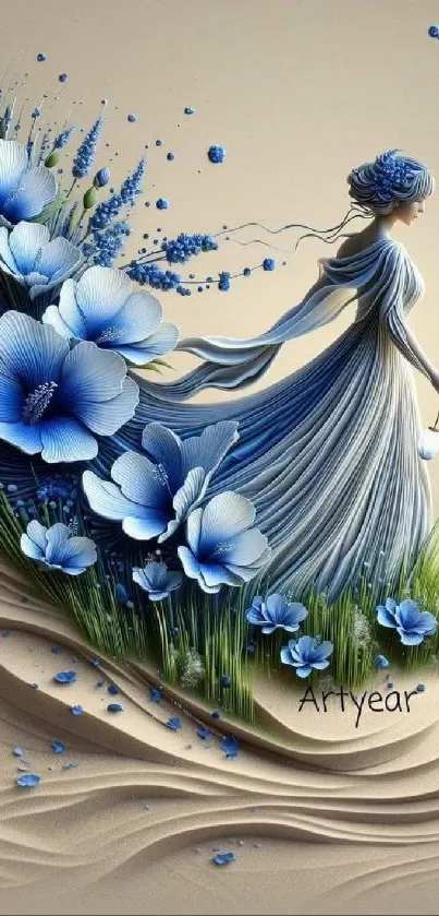 Elegant woman in blue dress surrounded by flowers.