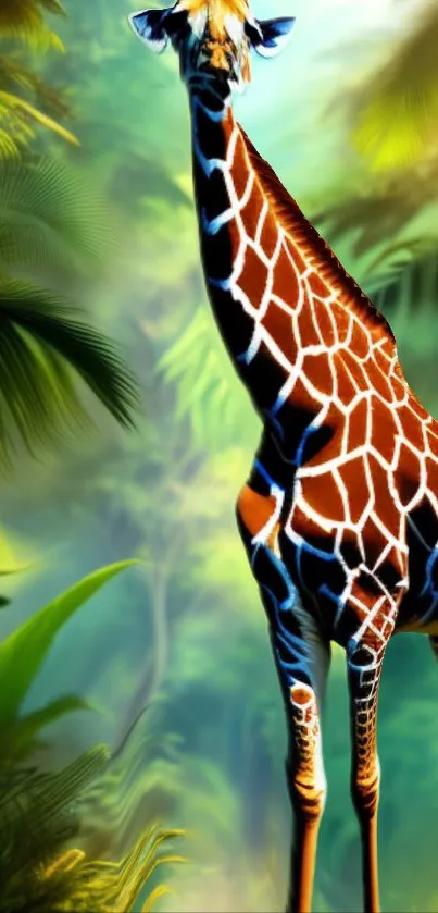 Giraffe standing in lush green jungle, vibrant wallpaper.