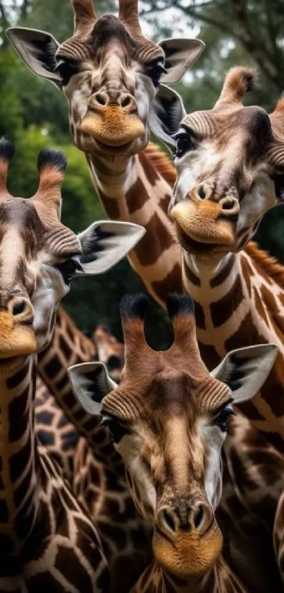 Four giraffes posing majestically in a lush forest setting, perfect for mobile wallpaper.