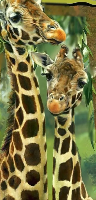 Two majestic giraffes in a lush green jungle scene.