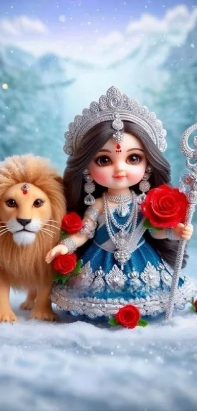 Goddess doll with lion in a snowy forest setting.