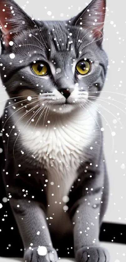 Grey cat with yellow eyes on a light background.