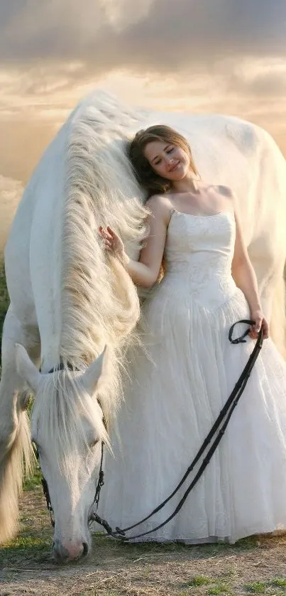 Bride in white with a horse in serene natural setting.