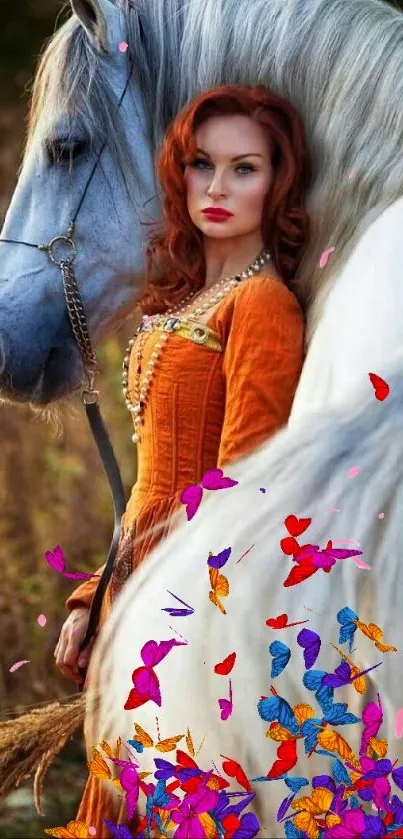 Red-haired lady with a white horse in a serene outdoor setting.