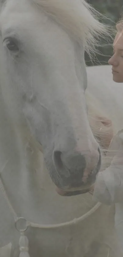 Woman and white horse in serene nature backdrop.