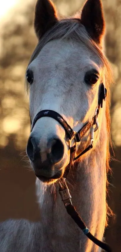 Beautiful white horse at sunset with warm golden hues in the background.