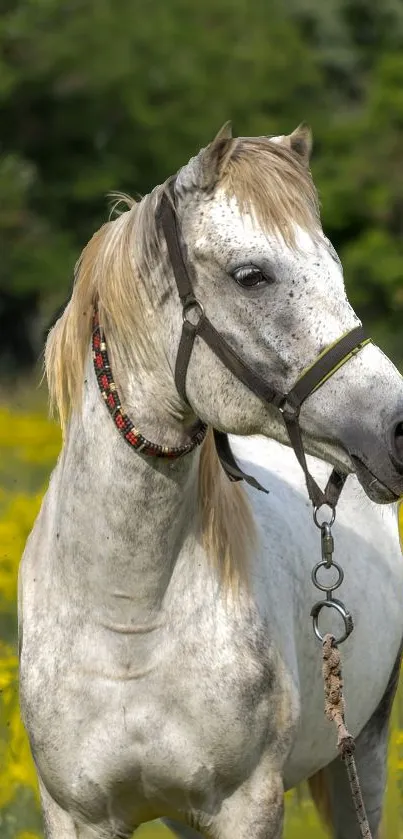 White horse standing in yellow wildflower field.