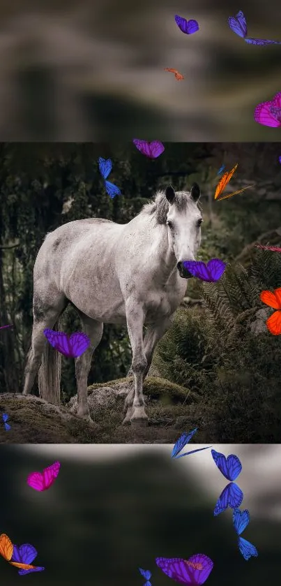 White horse with vibrant butterflies in a lush forest setting.